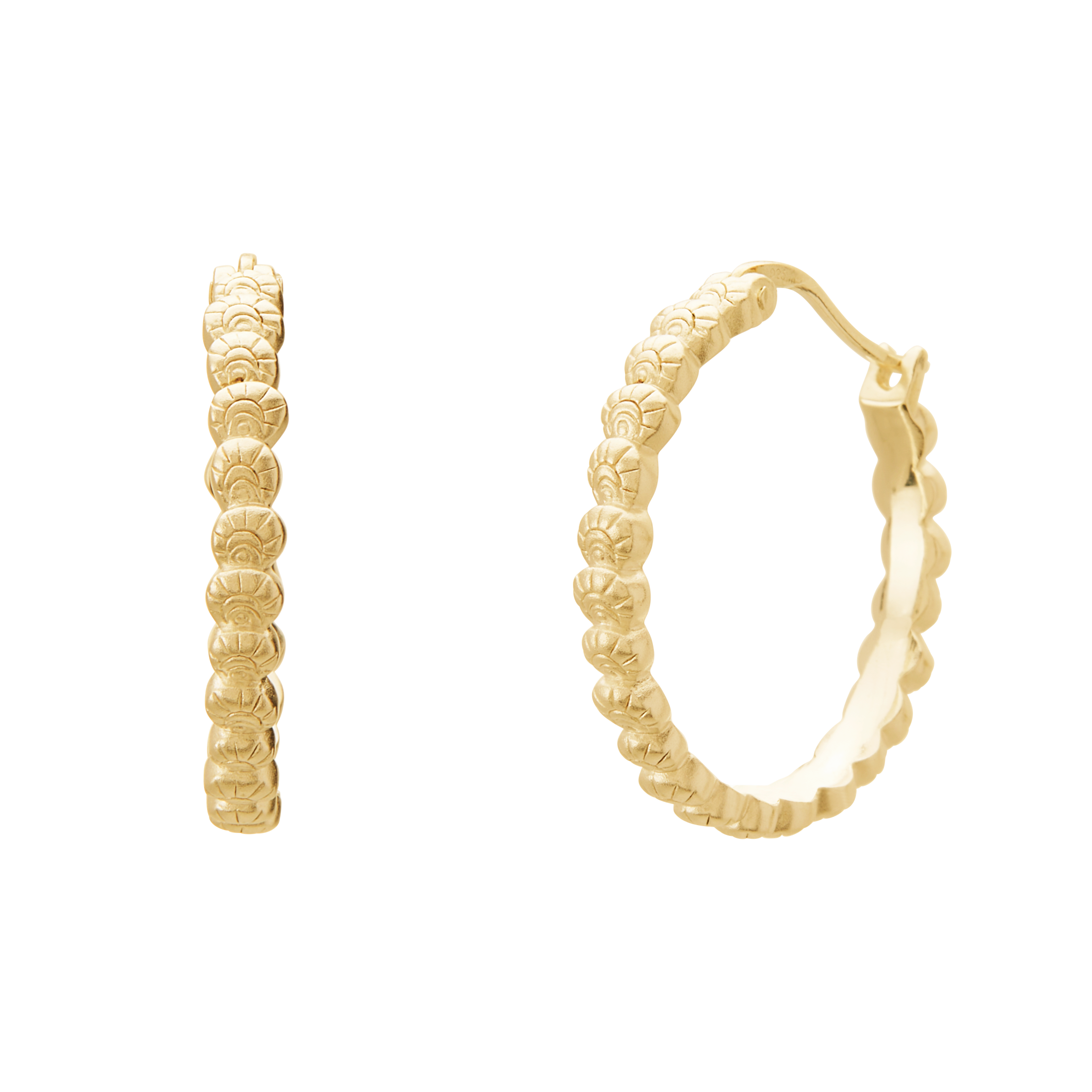 Gold hoop earrings with textured design on a white background